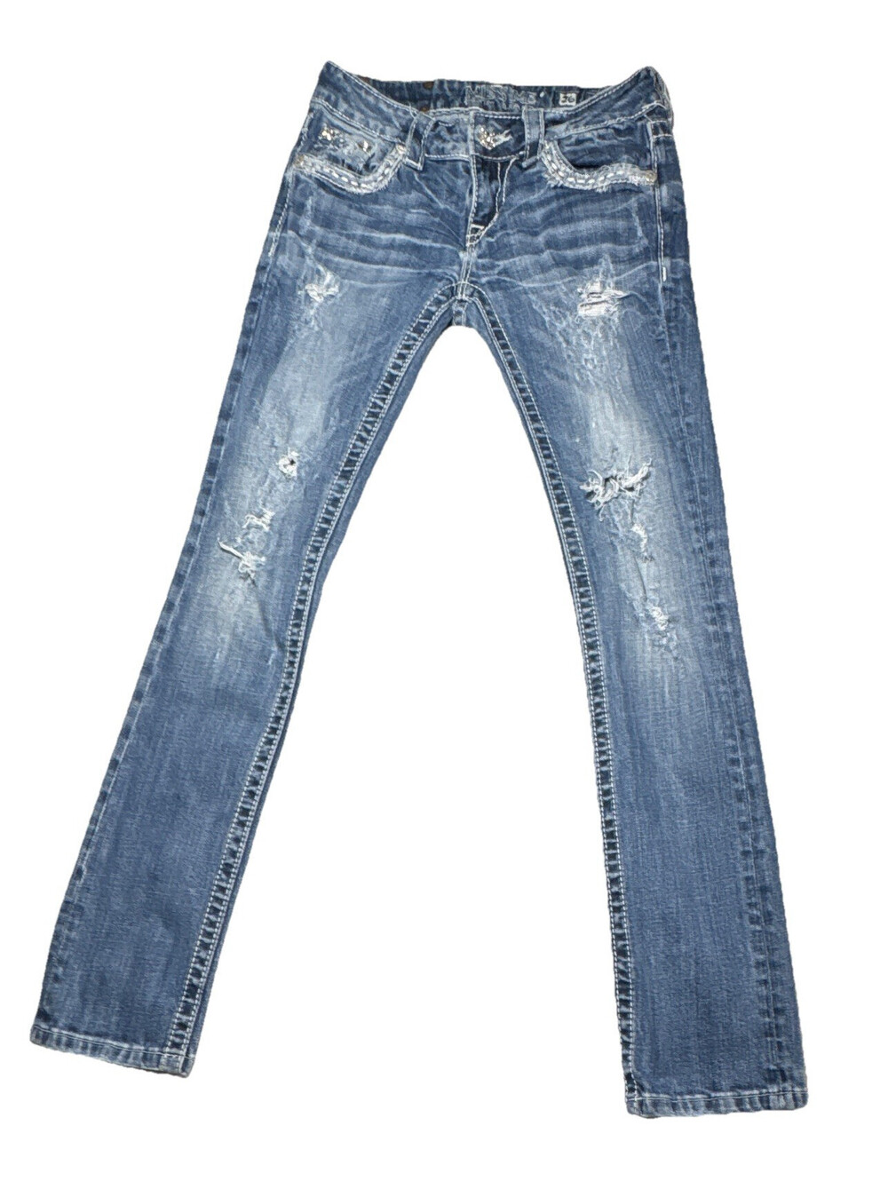 Miss Me Women’s Blue Straight Jeans Distressed Rhinestone Pockets 26